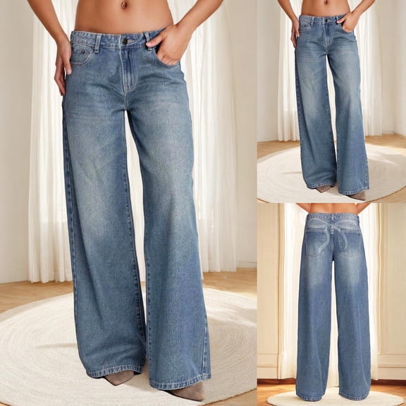 Women's Button Front Casual Loose Fit Solid Trousers with Functional Pockets, Mid Waist Zipper Fly Relaxed Straight Leg Denim Jeans, Stretchy Fabric Comfortable Daily | TruBelle,Dark Blue L
