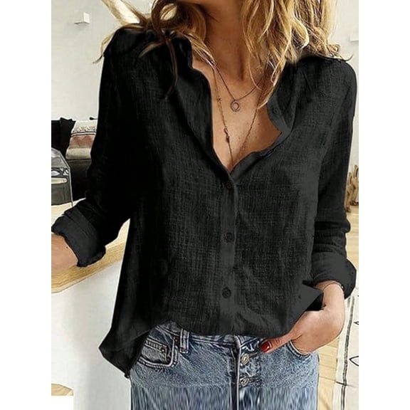 Women's Button Front Collared Shirt Long Sleeve Blouse with Curved Hem Loose Fit Layering Top
