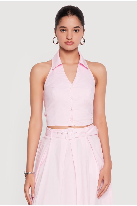 Women's Button Front Cropped Halter Top