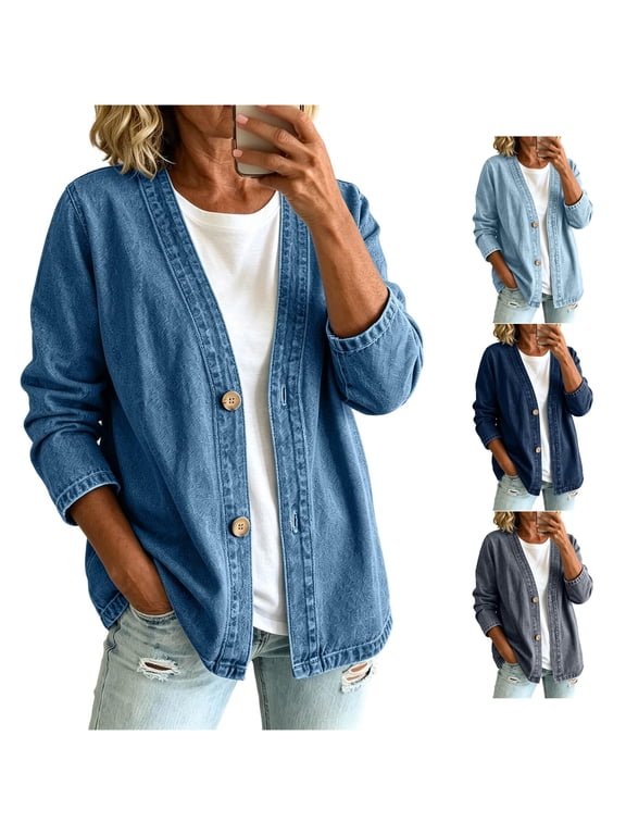Women's Button Front Denim Cardigan Long Sleeve Casual Layering Jacket