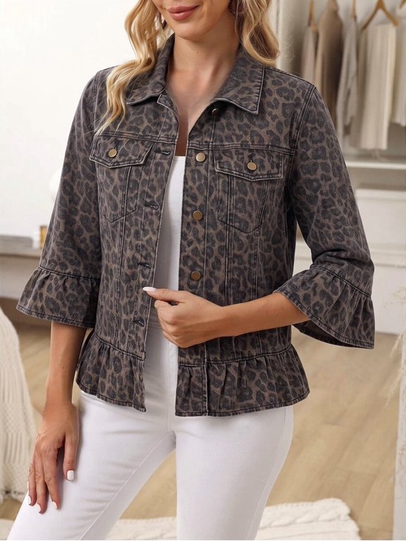 Women's Button Front Denim Jacket Three Quarter Bell Sleeve Ruffle Hem with Pockets Minimalist Casual for Office Commute & Everyday Wear
