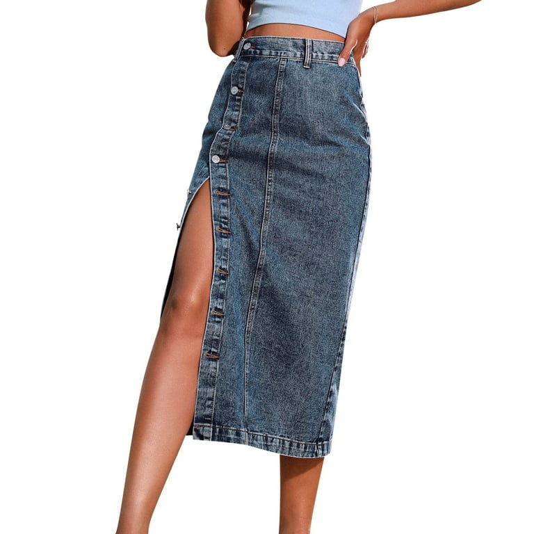 Women's Button Front Denim Skirt High Waisted Split Hem Women's Button Front Denim Skirt High Waisted Split Hem