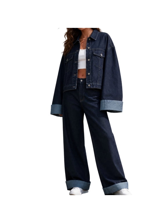 Women's Button Front Denim Style Jacket and Wide Leg Pants 2 Piece Outfit Set, Casual Matching Suit for Spring Fall Everyday Vacation Navy M