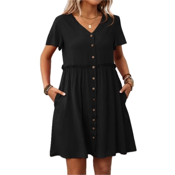 Women's Button Front Flutter Sleeve Dress with Ruched Frill Detail in 100% viscose Fabric for Elegant Everyday Wear
