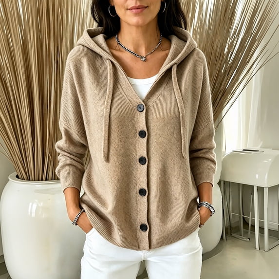 Women's Button Front Hooded Knit Cardigan, Drop Shoulder Long Sleeve Loose Sweater Jacket XL