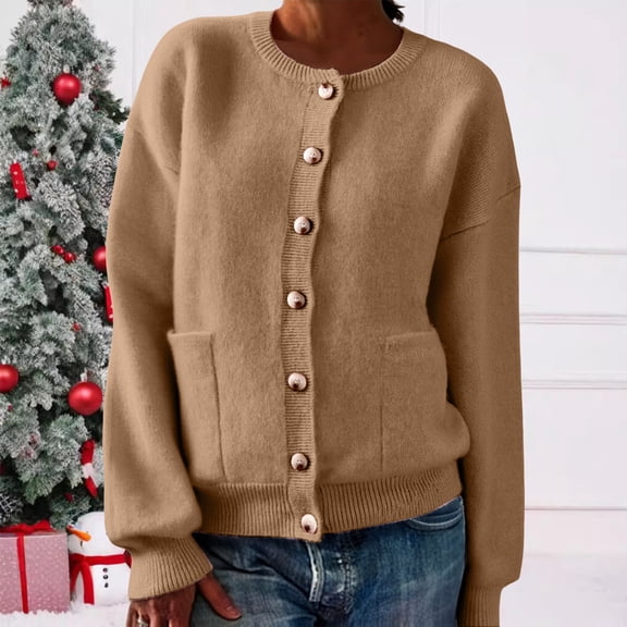 Women's Button Front Knit Cardigan, Round Neck Long Sleeve Sweater, Soft Open Front Cover Up, Casual Loose Fit Top, Cozy Fall Winter Layering Piece Khaki S