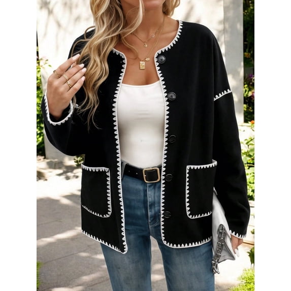 Women's Button Front Knit Cardigan with Contrast Stitching and Front Pockets- Medium, Black