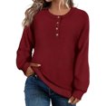 thumbnail image 1 of Women’s Button Front Knit Sweater Pullover Round Neck Long Sleeve Solid Color Casual Tops Wine, 1 of 5