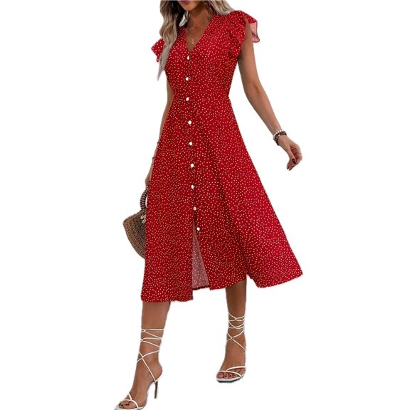 Women's Button Front Midi Dress with Ruffle Sleeves for Occasion Wear Flowy Fit 95% polyester and 5% spandex blend