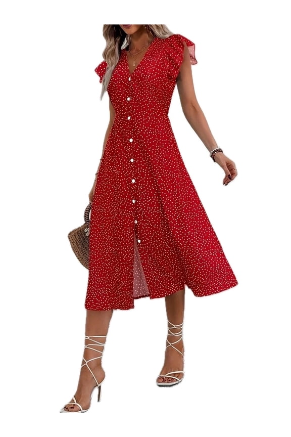 Women's Button Front Midi Dress with Ruffle Sleeves for Occasion Wear Flowy Fit 95% polyester and 5% spandex blend