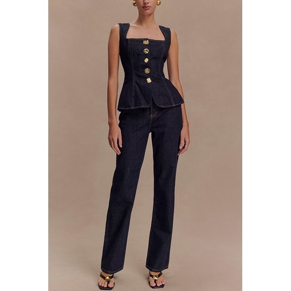 Women's Button Front Peplum Top and Pants Set, Sleeveless Tailored Two Piece Outfit