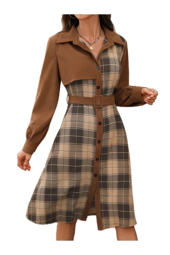 Women's Button Front Plaid Long Sleeve Dress Belted Casual Everyday 100% Polyester Fabric Soft Comfortable Feel