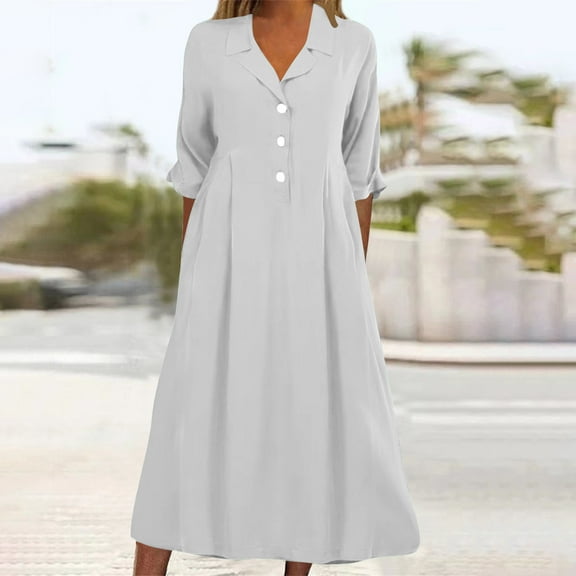 Women's Button Front Pleated Shirt Casual Dress V-Neck Simple Casual Loose Flowy Shift Dress