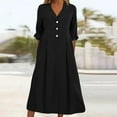 thumbnail image 1 of Women's Button Front Pleated Shirt Casual Dress V-Neck Simple Casual Loose Flowy Shift Dress, 1 of 6