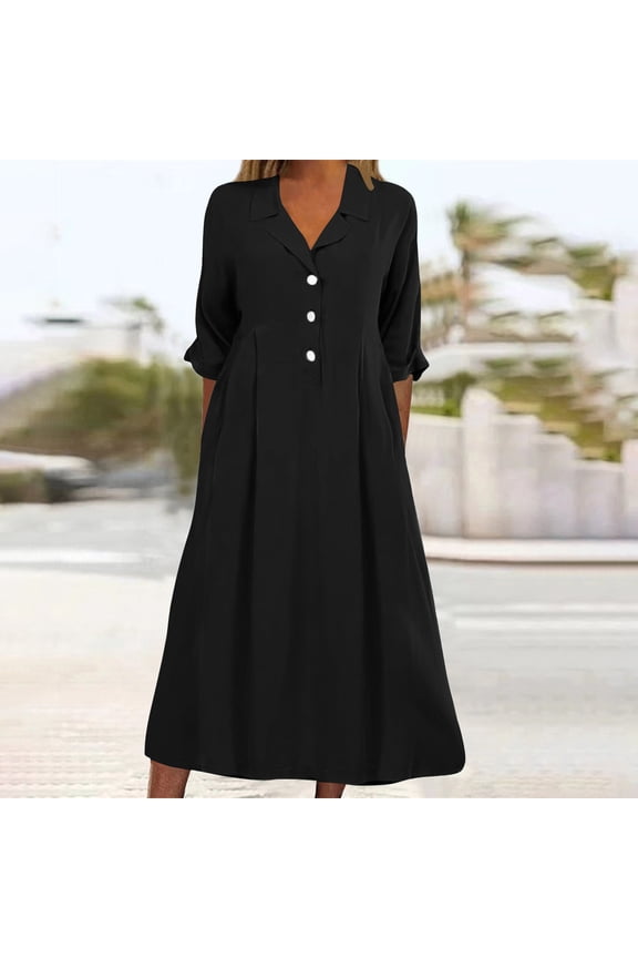 Women's Button Front Pleated Shirt Casual Dress V-Neck Simple Casual Loose Flowy Shift Dress