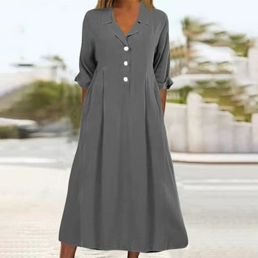 Women's Button Front Pleated Shirt Casual Dress V-Neck Simple Casual Loose Flowy Shift Dress