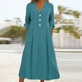 thumbnail image 1 of Women's Button Front Pleated Shirt Casual Dress V-Neck Simple Casual Loose Flowy Shift Dress, 1 of 6