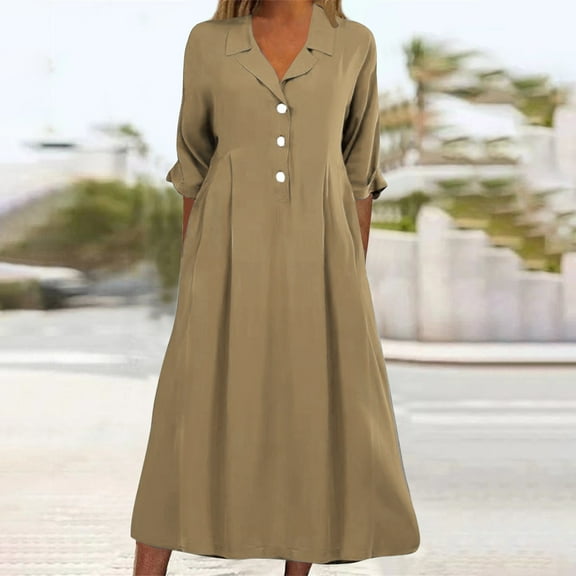 Women's Button Front Pleated Shirt Casual Dress V-Neck Simple Casual Loose Flowy Shift Dress
