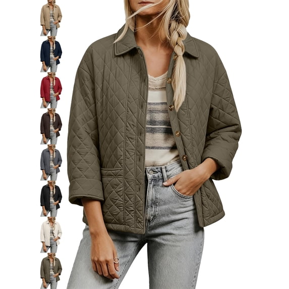 Women's Button Front Quilted Jacket Collared Loose Fit Comfy Fall Spring Jacket