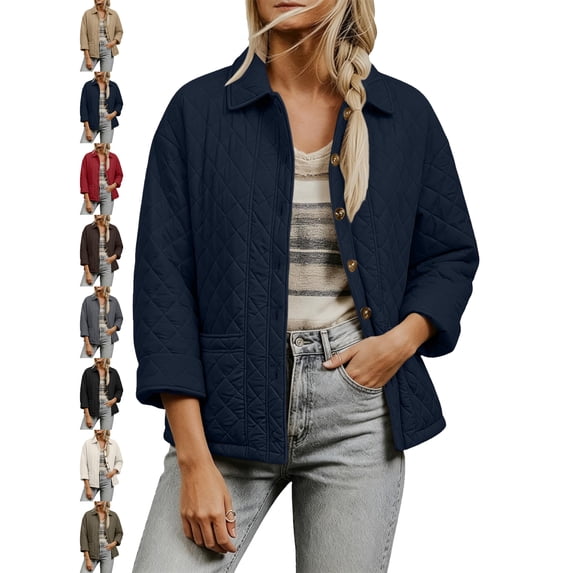 Women's Button Front Quilted Jacket Collared Loose Fit Comfy Fall Spring Jacket