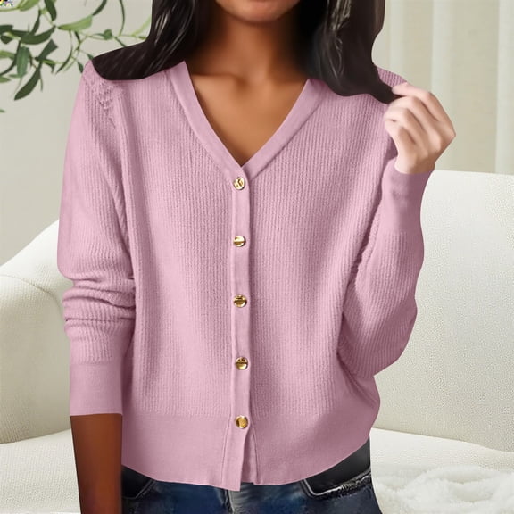 Women's Button Front Rib Stripe V-Neck Cardigan, Loose Fitting Long Sleeve Knit Sweater, Soft Comfortable Knitwear for Autumn and Winter, Casual Elegant Layering Piece for Daily Wear Pink XL