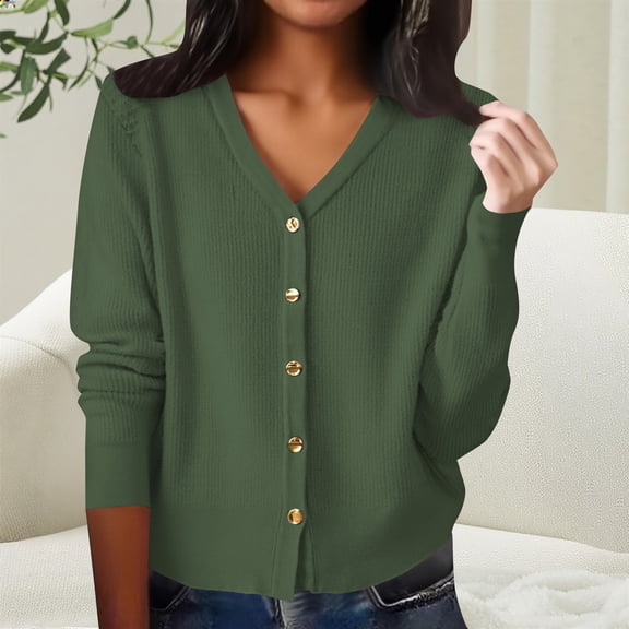 Women's Button Front Rib Stripe V-Neck Cardigan, Loose Fitting Long Sleeve Knit Sweater, Soft Comfortable Knitwear for Autumn and Winter, Casual Elegant Layering Piece for Daily Wear Green XL