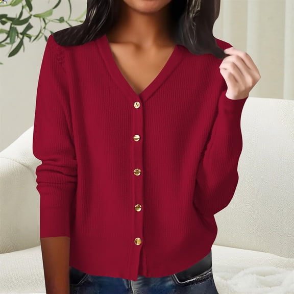 Women's Button Front Rib Stripe V-Neck Cardigan, Loose Fitting Long Sleeve Knit Sweater, Soft Comfortable Knitwear for Autumn and Winter, Casual Elegant Layering Piece for Daily Wear Red M