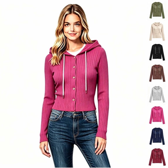 Women's Button Front Ribbed Knit Hooded Cardigan, Drawstring Long Sleeve Casual Lightweight Sweater for Women, Sizes S-2XL