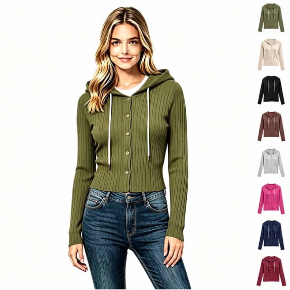 Women's Button Front Ribbed Knit Hooded Cardigan, Drawstring Long Sleeve Casual Lightweight Sweater for Women, Sizes S-2XL