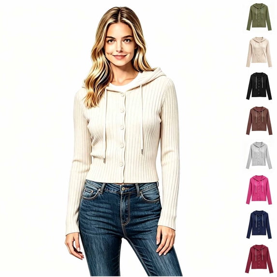 Women's Button Front Ribbed Knit Hooded Cardigan, Drawstring Long Sleeve Casual Lightweight Sweater for Women, Sizes S-2XL