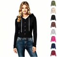 thumbnail image 1 of Women's Button Front Ribbed Knit Hooded Cardigan, Drawstring Long Sleeve Casual Lightweight Sweater for Women, Sizes S-2XL, 1 of 4