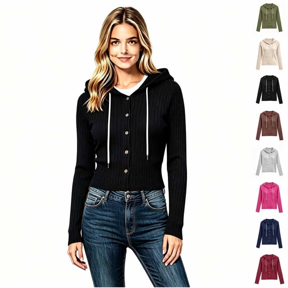 Women's Button Front Ribbed Knit Hooded Cardigan, Drawstring Long Sleeve Casual Lightweight Sweater for Women, Sizes S-2XL