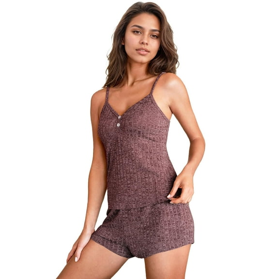 Women's Button Front Ribbed Knit Tank Top and Shorts Pajama Set Sleepwear Lounge Sets
