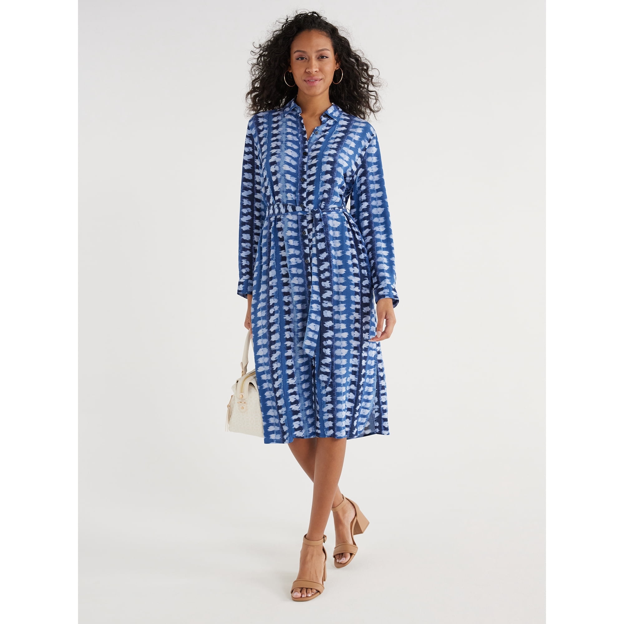 blue long sleeve button up dress Miss Circle Women's Xabrina Navyblue Pinstripe Long Sleeve Shirt Mini Dress main image 0