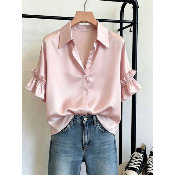 Women's Button Front Shirt with Collar and Ruffle Sleeves Short Sleeve Top for Summer Office Daily Wear