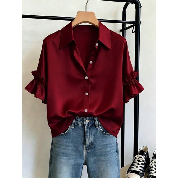 Women's Button Front Shirt with Collar and Ruffle Sleeves Short Sleeve Top for Summer Office Daily Wear