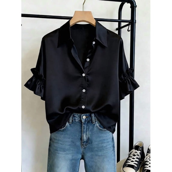 Women's Button Front Shirt with Collar and Ruffle Sleeves Short Sleeve Top for Summer Office Daily Wear