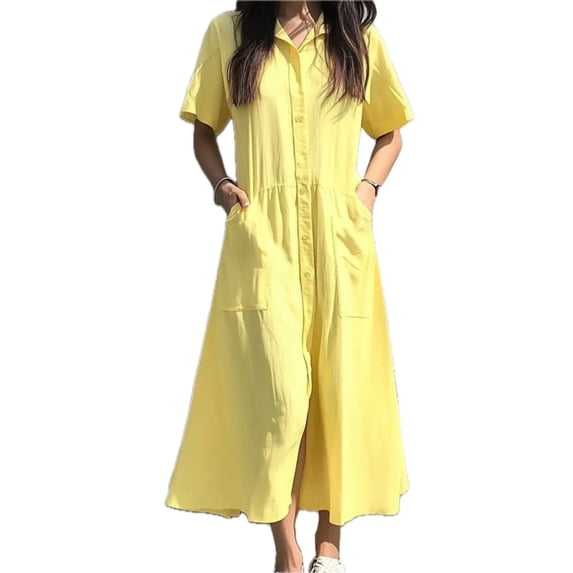 Women's Button Front Short Sleeve Midi Dress 100% Polyester with Pockets Lightweight Everyday Dress Easy Care Casual