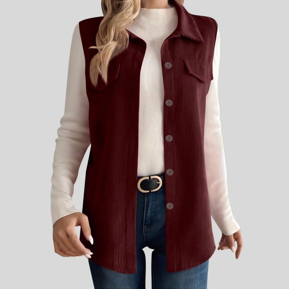 Women's Button Front Sleeveless Corduroy Vest Jacket With Pocket