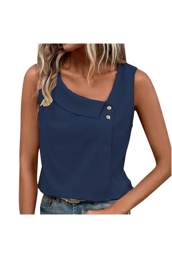 Women's Button Front Sleeveless Trendy Asymmetrical Neck Blouse Tops