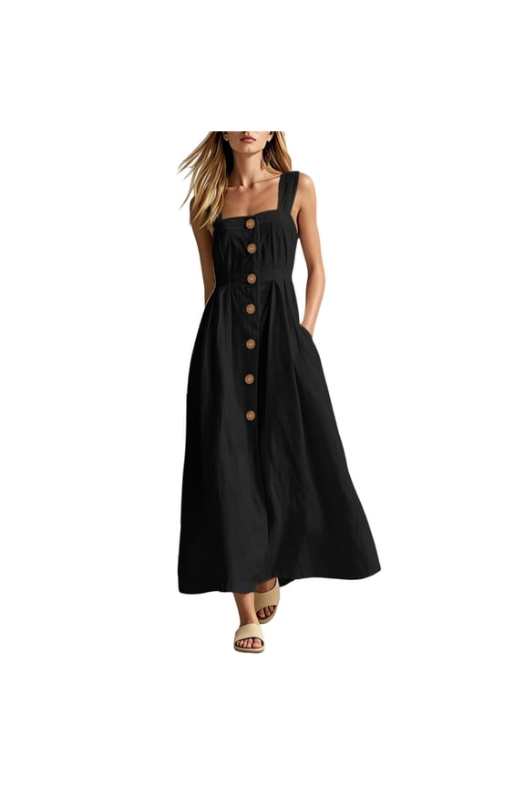 Women's Button Front Summer Linen Maxi Dress - Square Neck Loose Sleeveless Versatile Bohemian Swing Beach Dresses