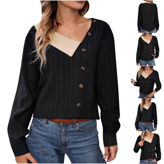 Women's Button Front Sweaters V-Neck Striped Knitted Long Sleeve Blouse