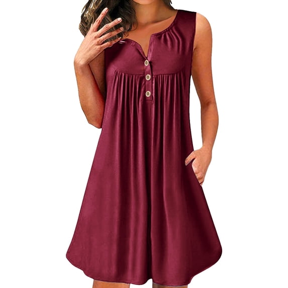 Women's Button Front Tank Dress, Sleeveless Pleated Casual Sundress for Beach, Daily Summer Wear, and Relaxed Outings, Simple and Cute Design with Solid Color Wine