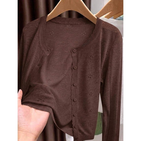 Women's Button Down Knit Cardigan, Crew Neck Long Sleeve Pointelle Top, Ribbed Cuffs Slim Fit Shirt, Casual Layering Everyday Wear for Spring & Summer