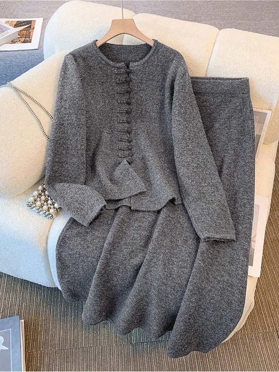 Women's Button Knit Sweater & Skirt Two Piece Set