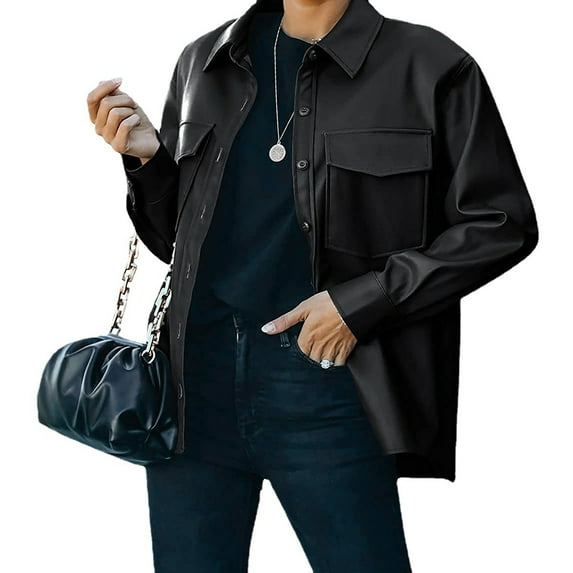 Women's Button Lapel Jacket Casual Short Long Sleeve Blazer Chest Pocket PU Leather
