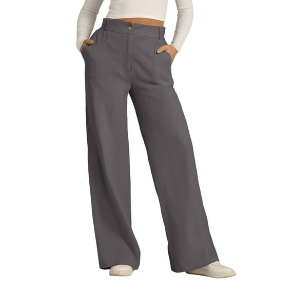 Women's Button down Linen Pants - Wide Leg Casual Trousers with Outer Pockets, Dark Gray Women's Solid Colored Cotton And Linen Button down Wide Leg Long Pants with Loose Outer Pockets