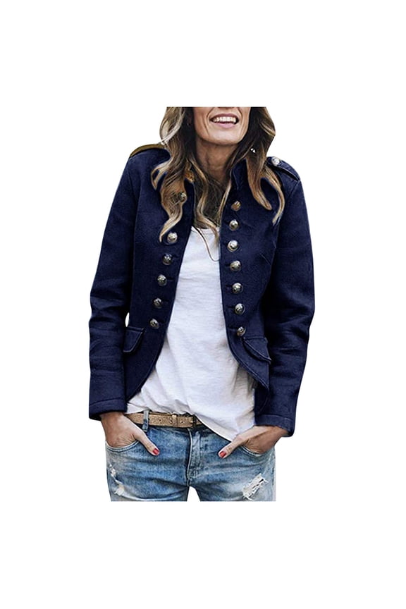 Women's Button Long Sleeve Coat - Casual Fashion Autumn/Winter Outerwear - Stand-Up Collar, Polyester Blend, Asian Sizing Guide Included