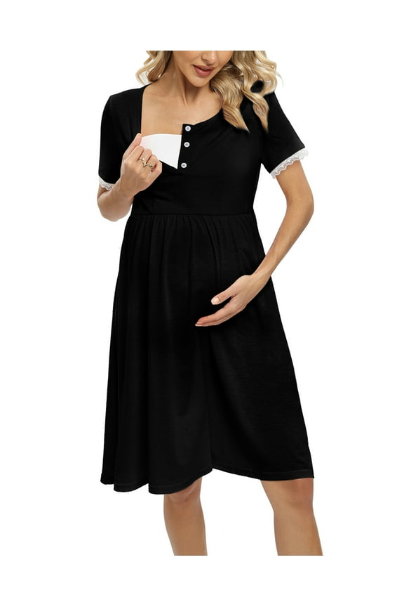 Women's Button Down Maternity Sleepwear Nursing Nightgown Labor/Delivery Hospital Gown Short Sleeve Breastfeeding Dress Lace Round Neck Casual Nightshirt for Women,Black S-XXL