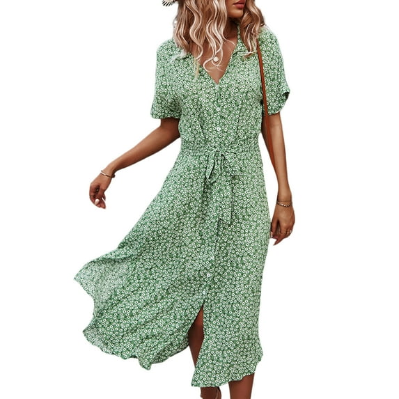 Women's Button Midi Dress,Short Sleeve Polka Dot Floral Print Shirt Dress Bohemian Summer Beach Party A-line Dress